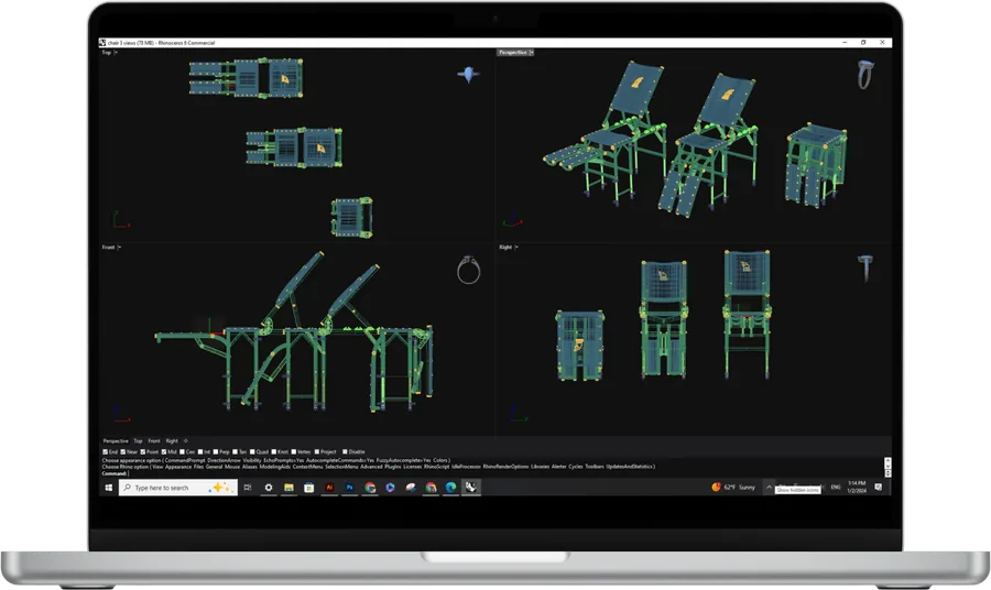 Large structural frames modeled in 3D, shown in plan, elevation and perspective on a dark background.