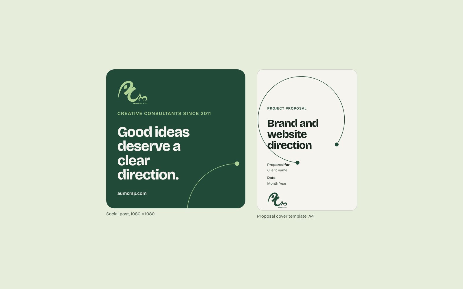 Two brand applications: a square social post and a proposal cover, both framed by the open curve of the AUM mark.