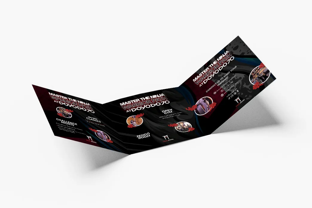 Open tri-fold brochure in black and red headed “Master the ninja warrior path at Doyo Dojo,” with circular photos of training sessions.