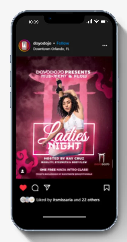Phone showing a pink and black Doyo Dojo Instagram post announcing Ladies Night.