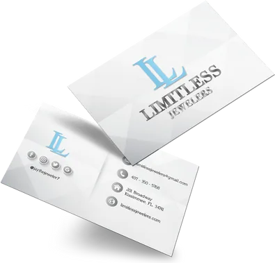 Two Limitless Jewelers business cards in white with a light blue LL monogram and contact details.